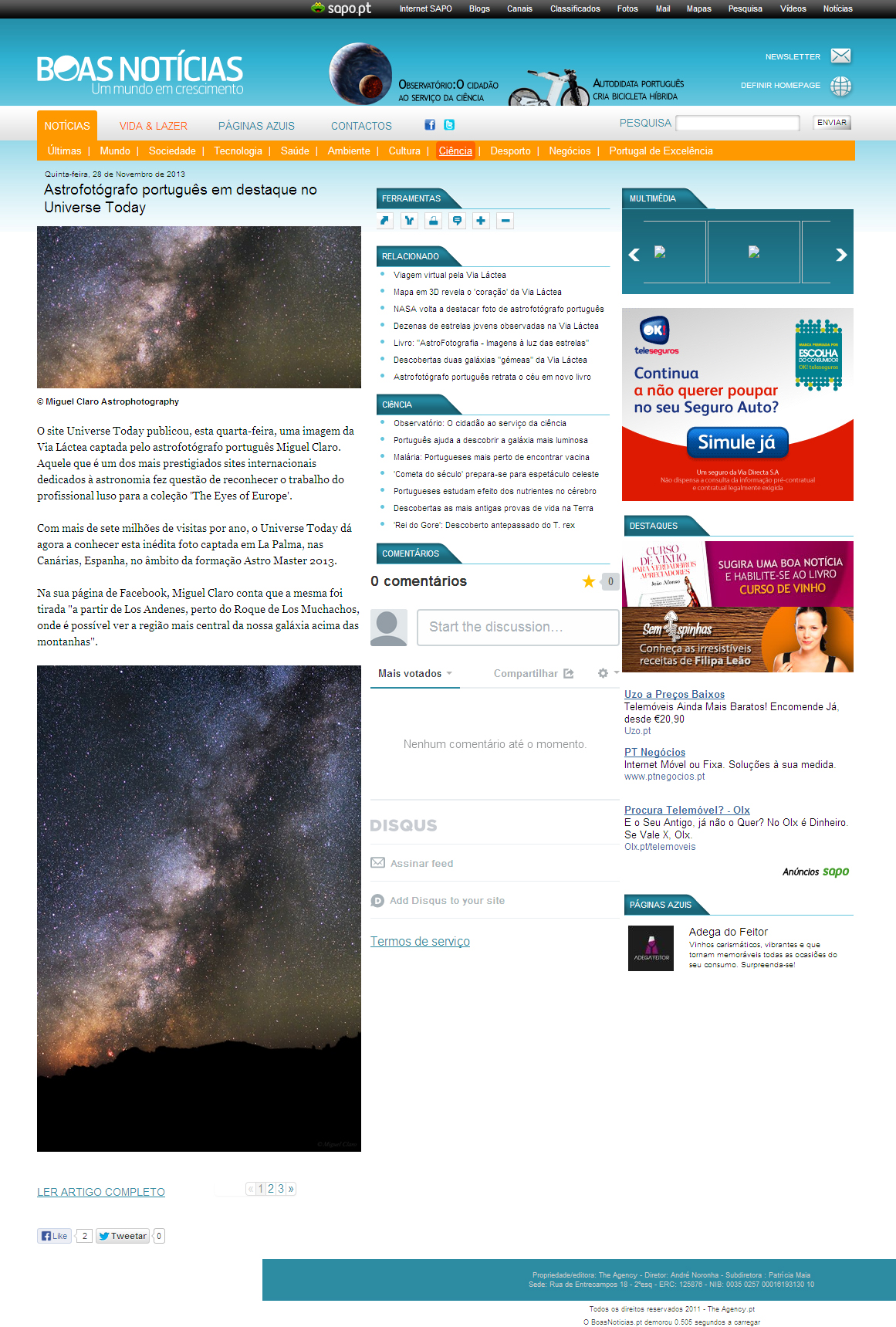 Online News “Boas Notícias” – “Astrofotógrafo português em destaque no  Universe Today” – November 2013 @ Astrophotography by Miguel Claro